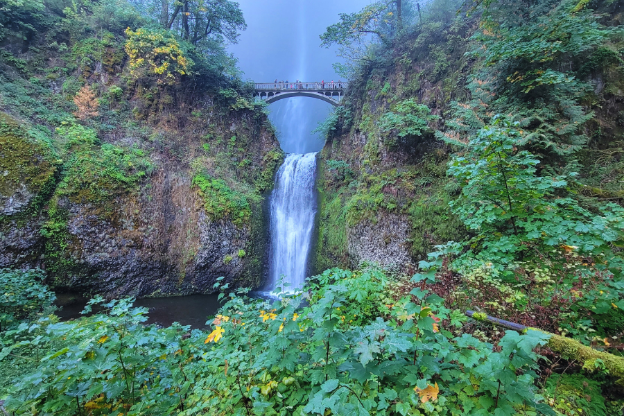 Photo of people walking on a bridge above a waterfall