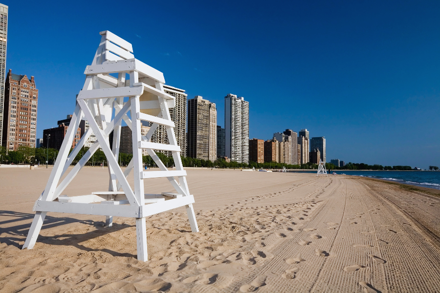 A lifeguard chair positioned on the Chicago beach