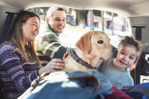 Family in car with dog