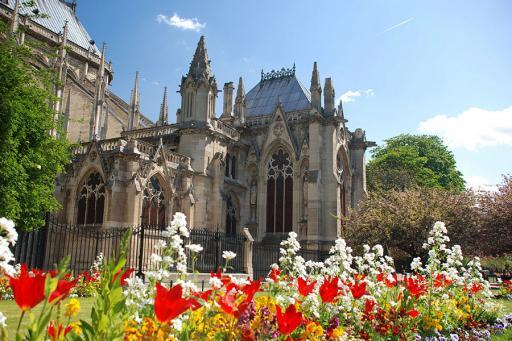 Paris, France with blooming flowers and a castle